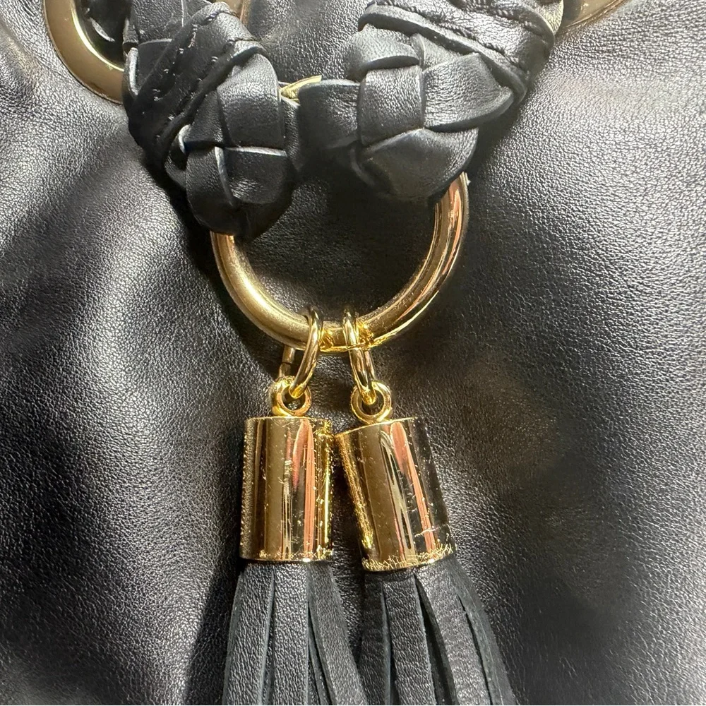 Michael Kors Black Leather Hobo Tassels Gold Accents Shoulder Handbag Purse